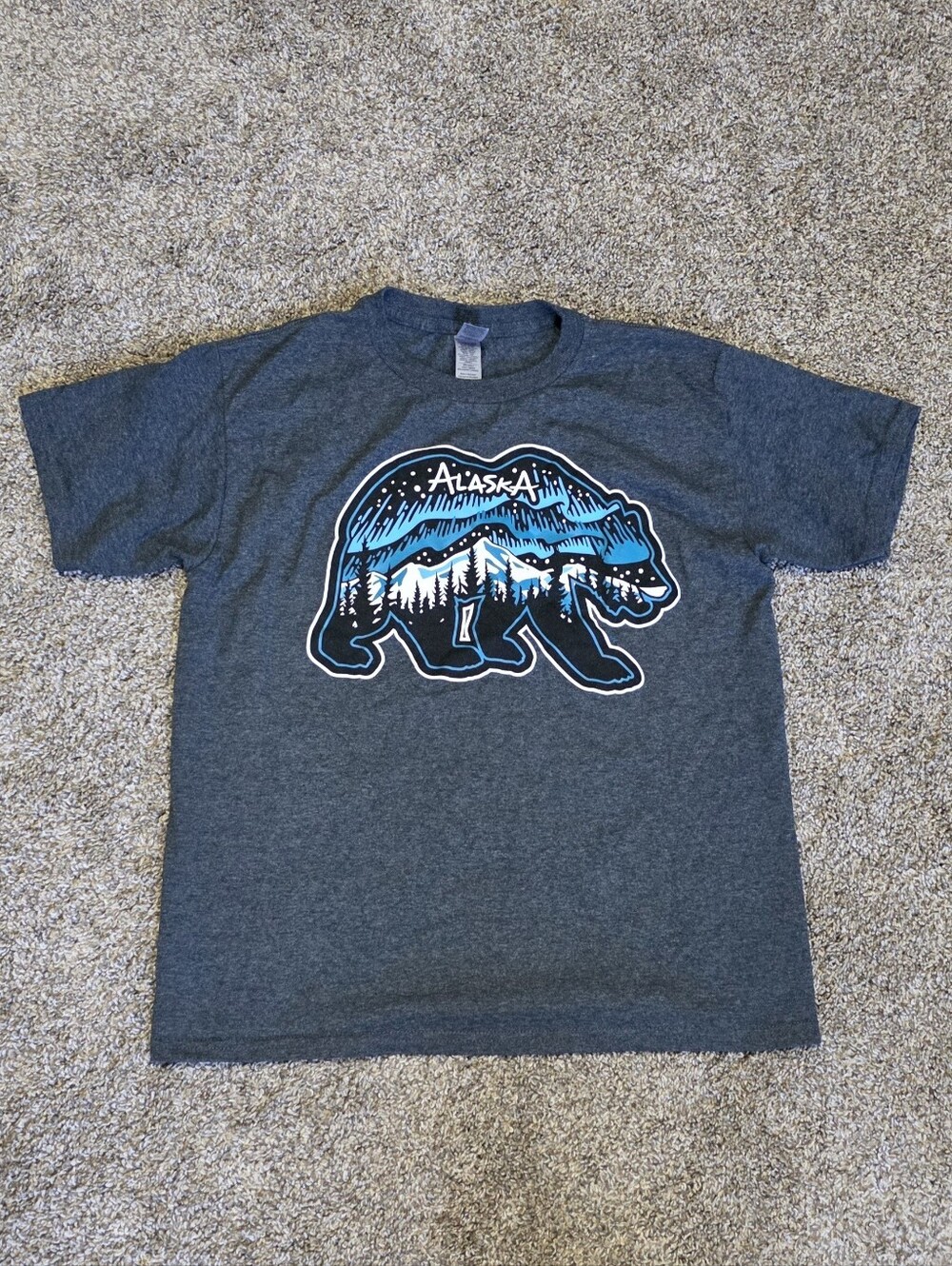 Alaska Bear Graphic Tee - Dark Gray with Blue Print